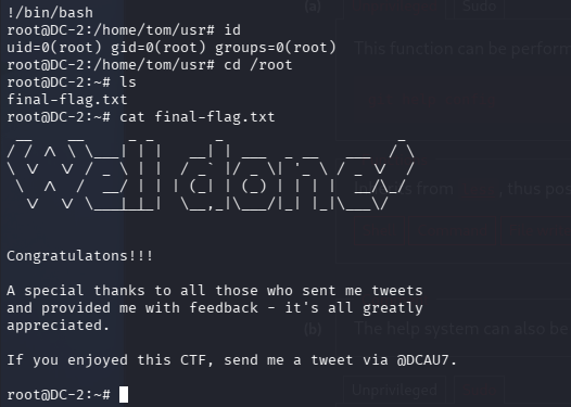 Root shell on DC-2 — the sudo git pager escape returns uid=0(root).